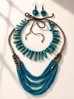 Boho Turquoise Necklace Set 3pc Western Statement Blue OS